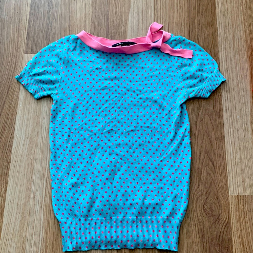 Marc Jacobs Women Polka Dot Blue Pink Cashmere Blend Knit Top Size XS